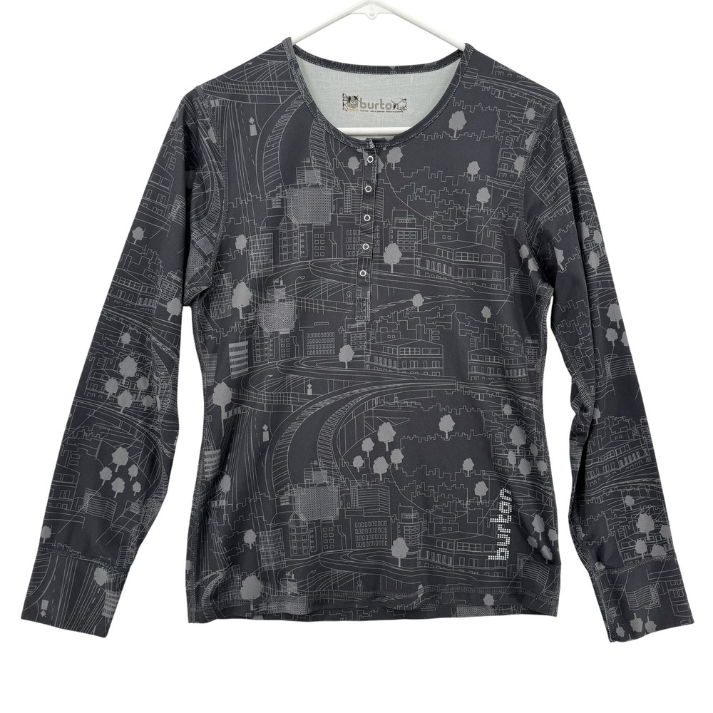 Burton Shirt Womens Medium Black Gray Cityscape Henley Long Sleeve Polyester Top